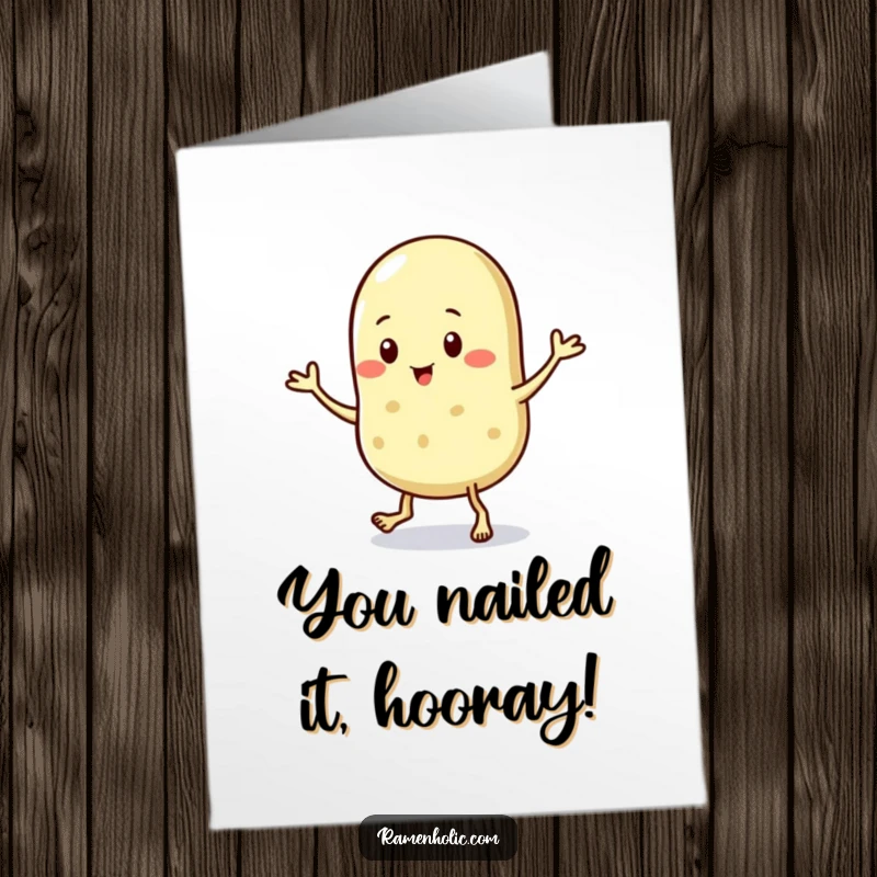 Funny Free Printable Congratulations Card with a sesame seed character performing a tiny jig to celebrate success.