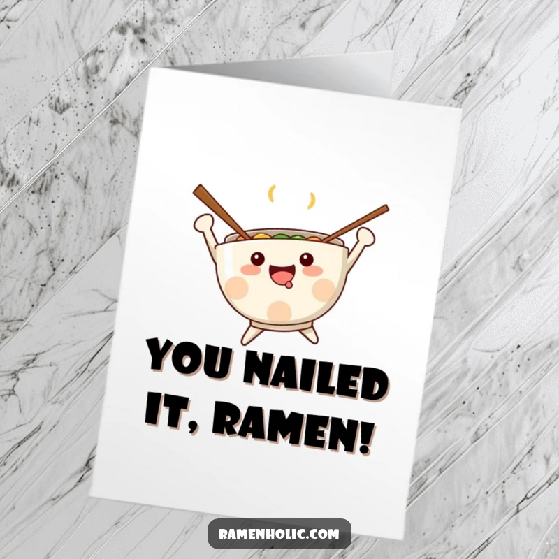 Funny Free Printable Congrats Card: Kawaii ramen bowl with chopsticks arms leaping with pure excitement and cheer.