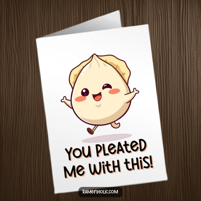 Funny Free Printable Congratulations Card: Smiling gyoza character doing a happy little hop, pleats jiggling joyfully.