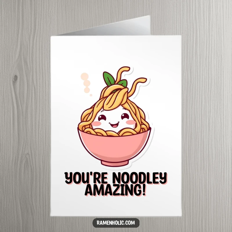 Funny Free Printable Congratulations Card: Cheerful noodle character emerging from steam, happy expression, celebratory.