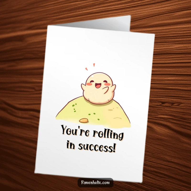 Funny Free Printable Congratulations Card: A happy dumpling character gleefully rolling down a hill, celebrating achievement. Downloadable.