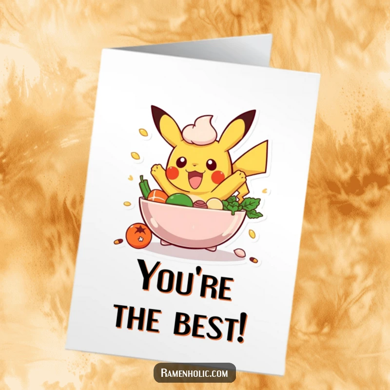 Funny Free Printable Congratulations Card: An excited poke bowl with ingredients jumping high in celebration.