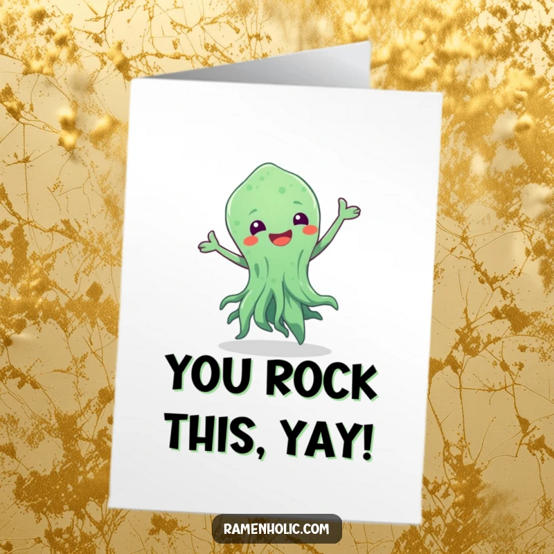 Funny Free Printable Congratulations Card showing a seaweed character dancing joyfully with a happy swish, celebrating achievements.