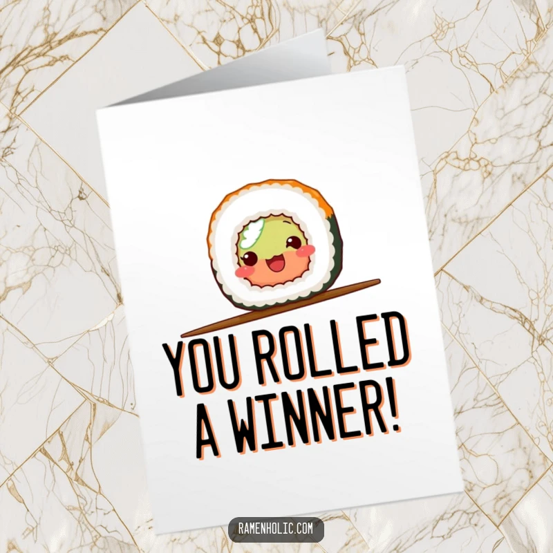 Funny Free Printable Congratulations Card: Smiling sushi roll performs a daring balance act on one chopstick, celebrating your success.