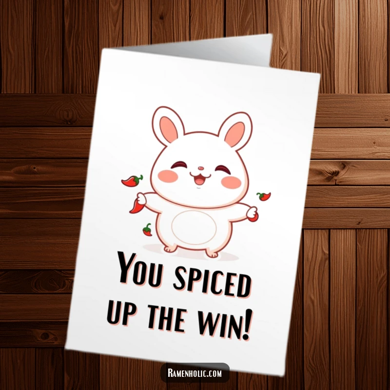 Funny Free Printable Congratulations Card: Playful bao bun juggling chili peppers, rosy cheeks, spicy celebration.