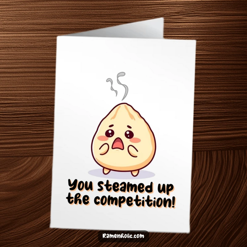 Funny Free Printable Congratulations Card with a shocked gyoza character looking surprised.