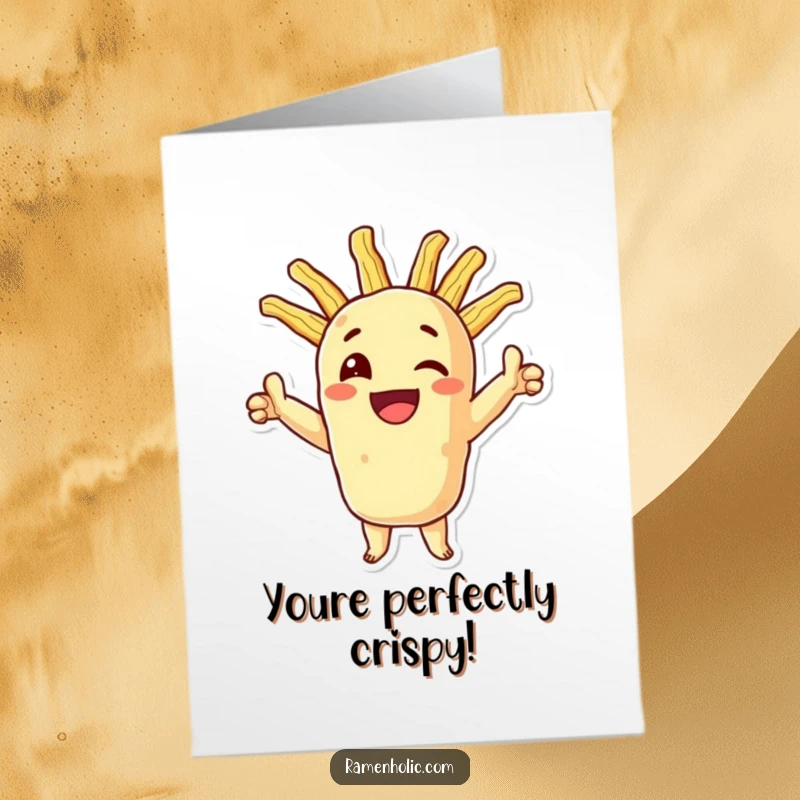 Funny Free Printable Congratulations Card with a tempura character striking a triumphant pose.