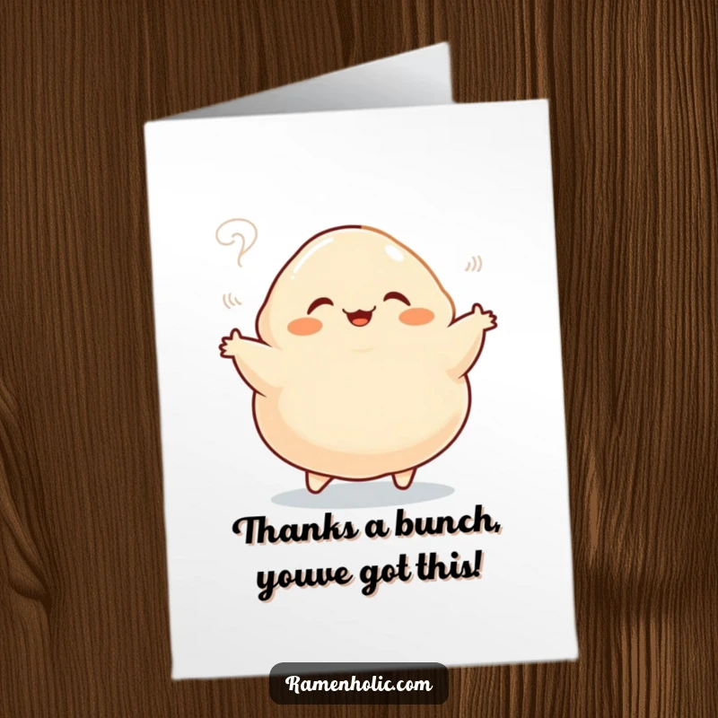 Funny Free Printable Dumpling Thank You Card: Chubby dumpling dancing joyfully, expressing thanks with steam.