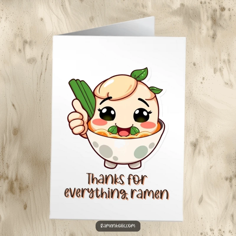 Funny Free Printable Thank You Card: Smiling ramen bowl character giving a thumbs up, a hilarious downloadable card. Send thanks with flavor.