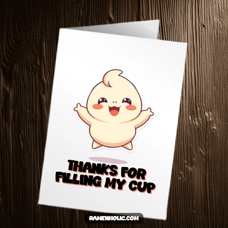 Funny Free Printable Thank You Card: A cheerful dumpling character is leaping joyfully, expressing heartfelt thanks.