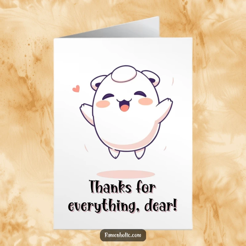 Funny Free Printable Thank You Card: A Giggling Dumpling Character Bouncing Merrily, Expressing Heartfelt Thanks.