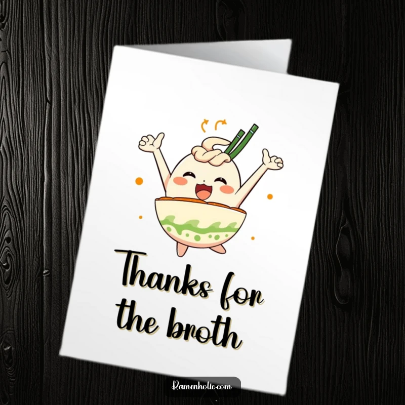 Funny Free Printable Thank You Card: An excited ramen bowl character leaping with joy, expressing thanks humorously.