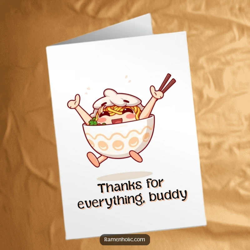Funny Free Printable Thank You Card: An anthropomorphic ramen bowl character jumps with joy, expressing sincere gratitude.