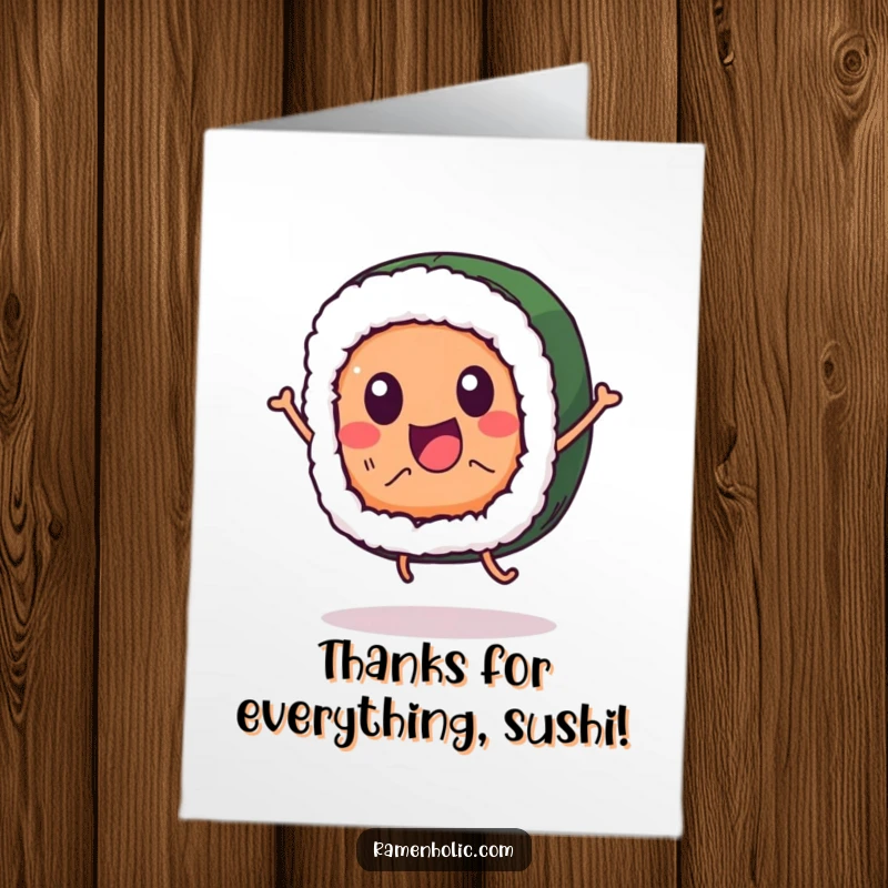 Funny Free Printable Thank You Card: A happy sushi roll character performing an enthusiastic jump, conveying gratitude.