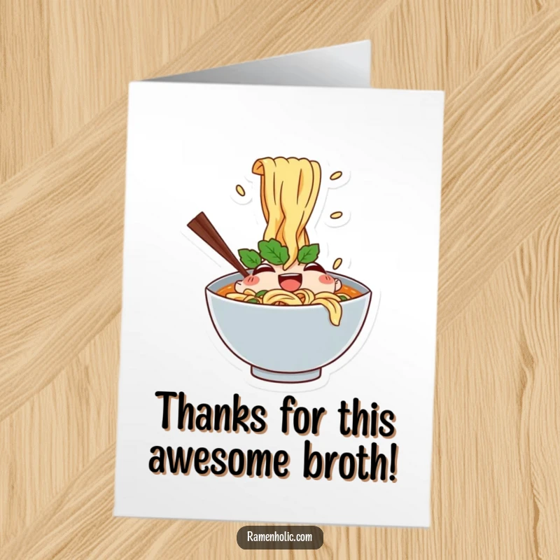 Funny Free Printable Thank You Card: A happy ramen bowl character showers thanks with splashing noodles.