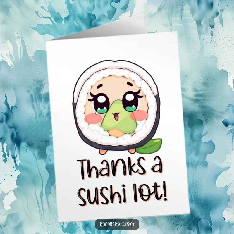 Funny Free Printable Thank You Card showcasing a wide-eyed, blushing sushi roll character with a look of delightful surprise.