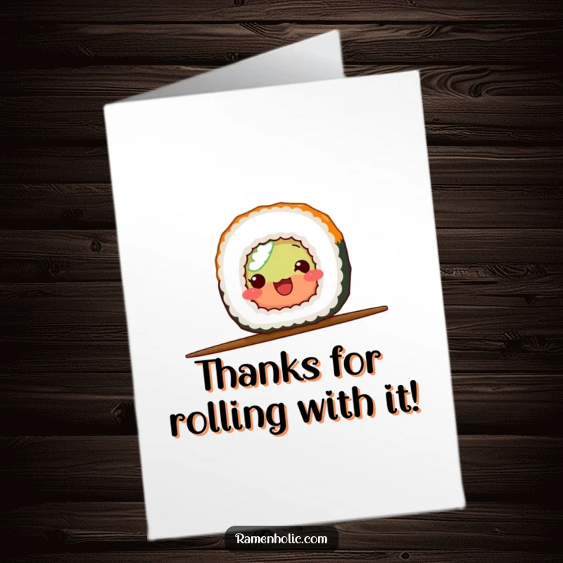 Funny Free Printable Thank You Card: A smiling sushi roll masterfully balances on a chopstick, expressing heartfelt thanks.