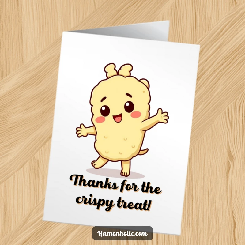 Funny Free Printable Thank You Card: Cheerful Tempura Character Dancing Merrily, Expressing Sincere Gratitude.