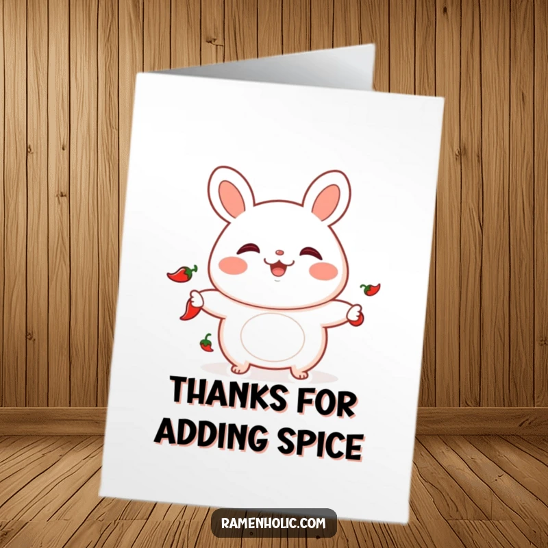 Funny Free Printable Thank You Card: Playful bao bun juggling chili peppers, rosy cheeks, spicy gratitude.