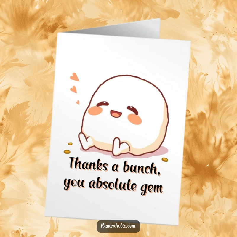 Funny Free Printable Thank You Card: An onigiri character rolling on the floor, expressing abundant thanks.