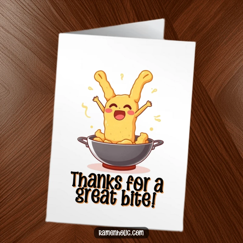 Funny Free Printable Thank You Card: Tempura leaping out of a wok with a joyful, surprised expression and thanks.