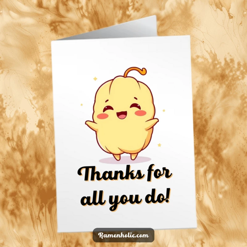 Funny Free Printable Thank You Card showcasing a tempura character in a joyful spin, conveying happy thanks.