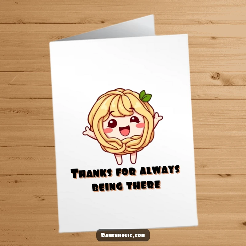 Funny Free Printable Thank You Card: A soba noodle character forming a happy loop, expressing thanks.