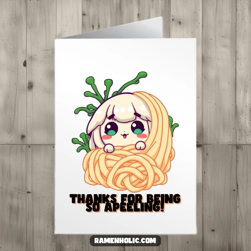 Funny Free Printable Thank You Card: Seaweed character peeks from behind a noodle, eyes wide in mock surprise, saying thank you.