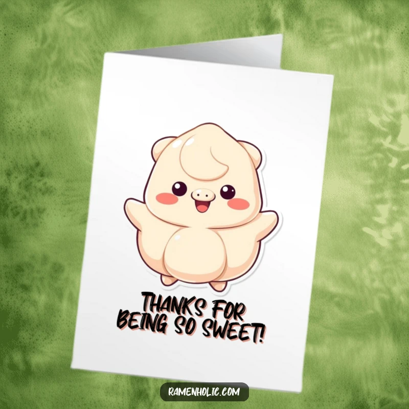 Funny Free Printable Thank You Card of a happily bouncing dumpling character with a broad, infectious grin.