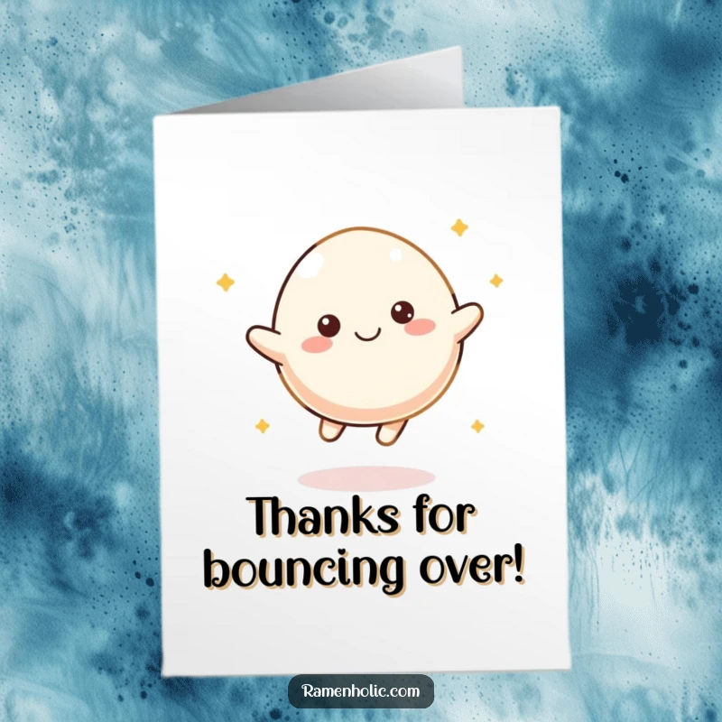 Funny Free Printable Mochi Thank You Card: Cheerful mochi character bouncing with happiness to say thank you.