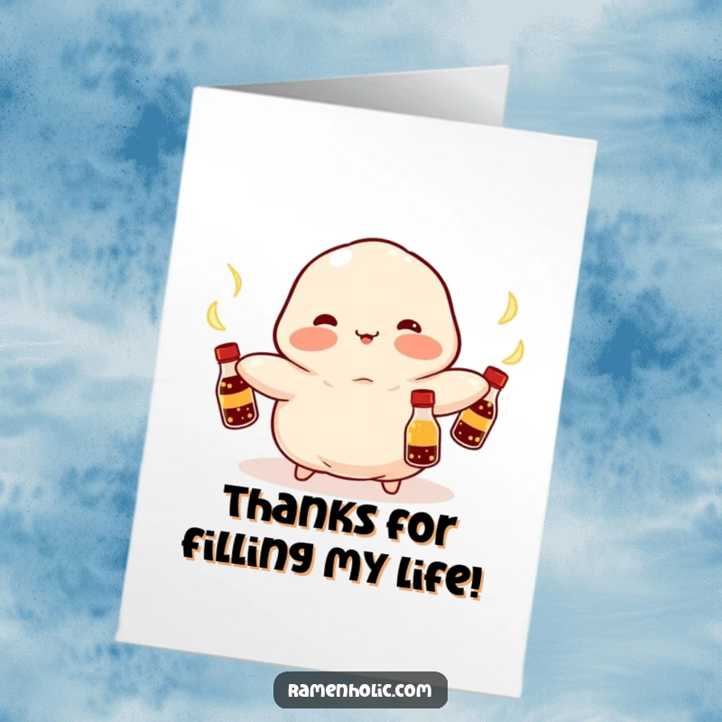 Funny Free Printable Thank You Card: Kawaii dumpling with rosy cheeks juggling soy sauce bottles thankfully.
