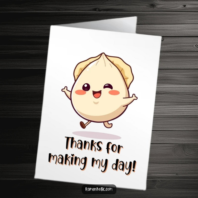 Funny Free Printable Thank You Card: Smiling gyoza character doing a happy little hop, pleats jiggling with thanks.