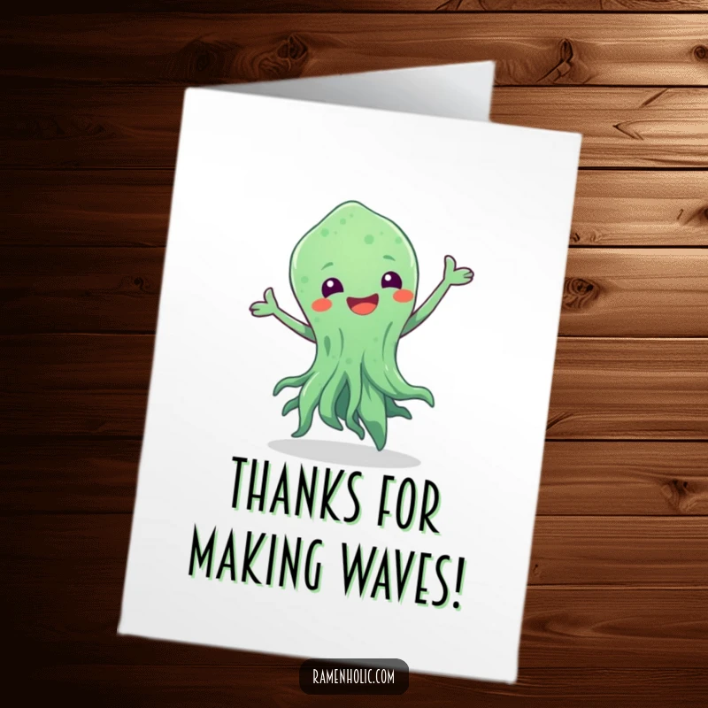Funny Free Printable Thank You Card featuring a seaweed character dancing happily with a swish, expressing gratitude.