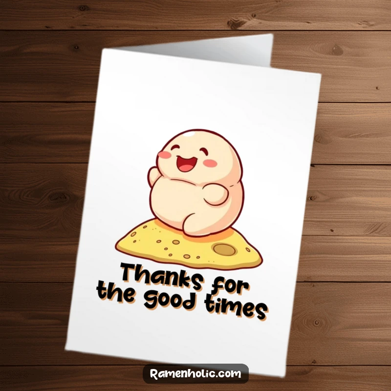 Funny Free Printable Thank You Card: Smiling dumpling character rolling downhill, conveying thanks with joy.