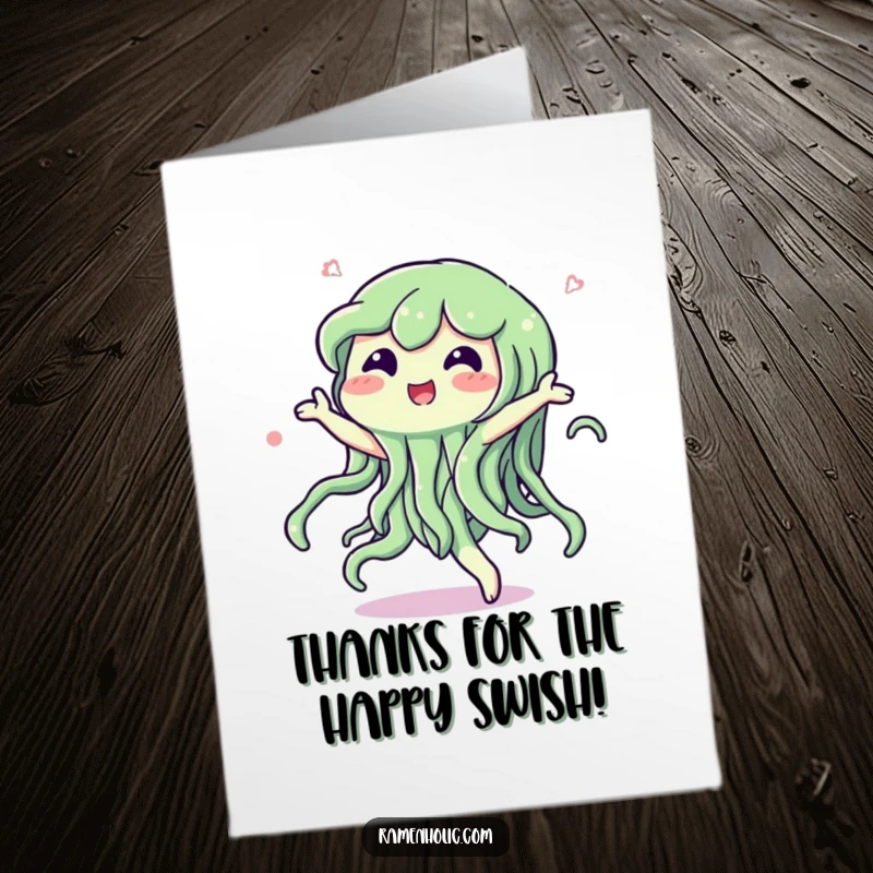 Funny Free Printable Thank You Card of a seaweed character dancing with a happy swish, conveying thanks with joy.