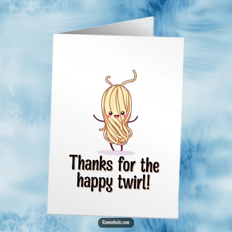 Funny Free Printable Thank You Card: Kawaii noodle strand doing a happy, whimsical dance to say thanks.