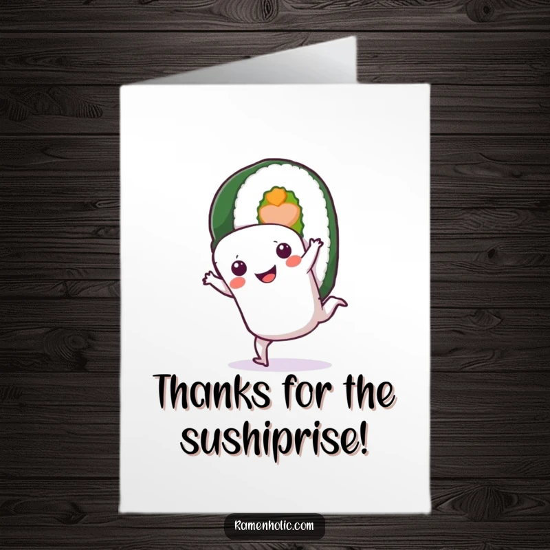 Funny Free Printable Thank You Card: Joyful Sushi Roll Mid-Cartwheel, Expressing Enthusiastic Thanks with a Smile.