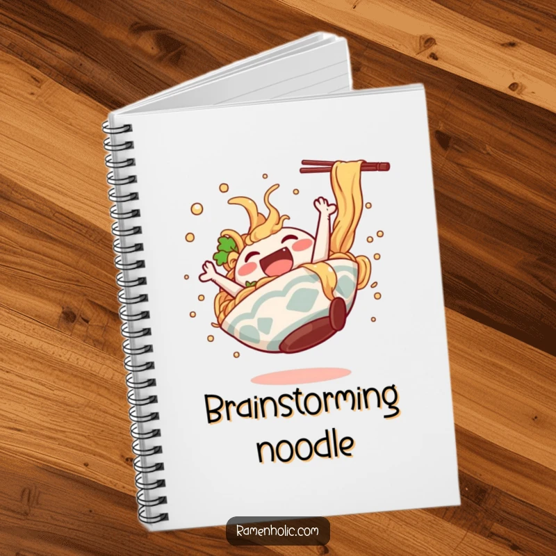Funny ramen bowl character doing a happy somersault, broth splashing, on the cover of a lined notebook.