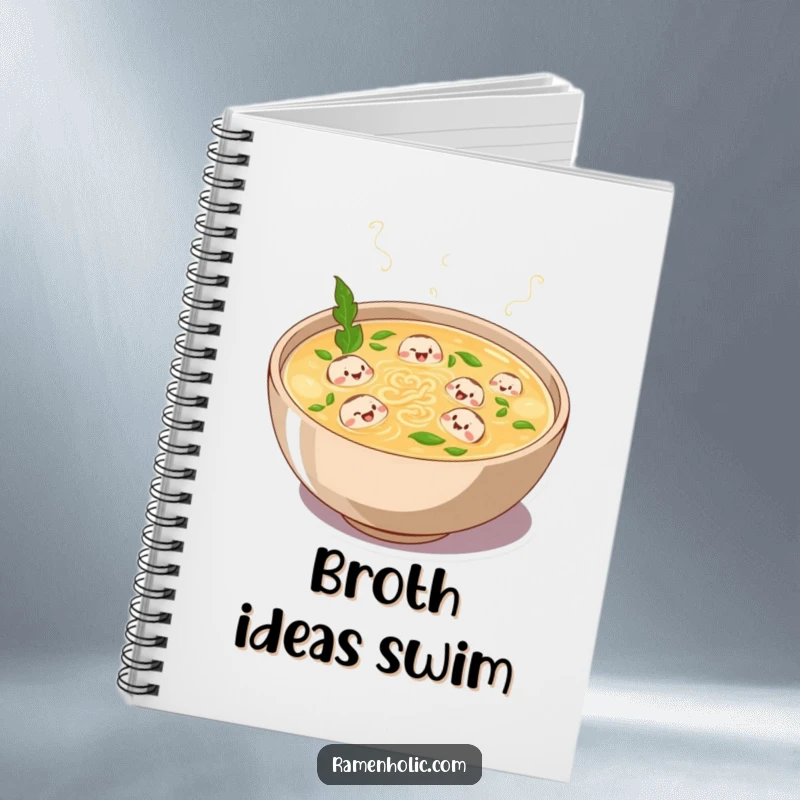 Funny notebook with a plump bowl of broth bubbling with laughter and tiny noodle characters swimming, perfect for jotting notes humorously.