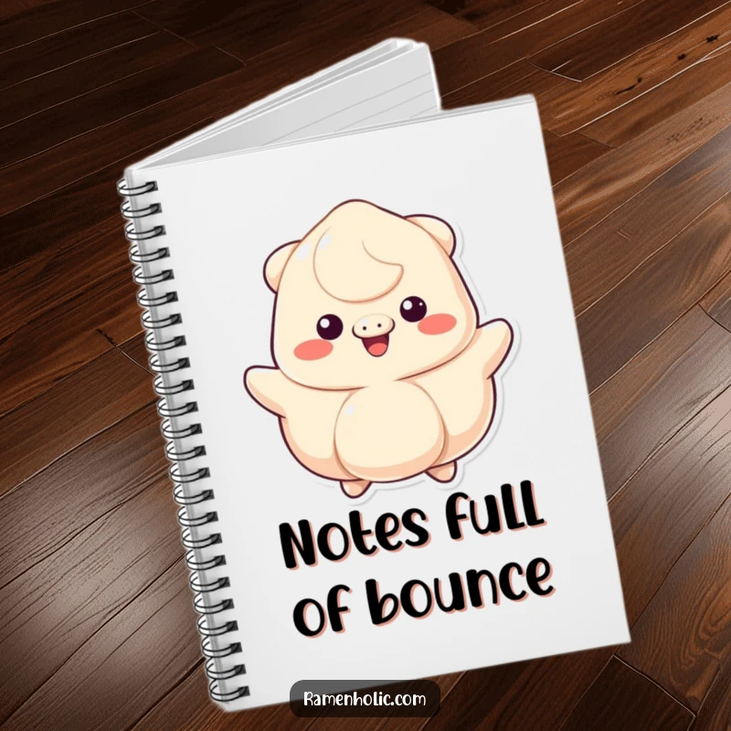 Funny notebook featuring a bouncing dumpling character with a big smile, perfect for jotting down happy notes.