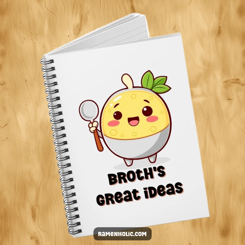 Funny cheerful broth character waving with a ladle on a notebook cover, encouraging warm and humorous writing.