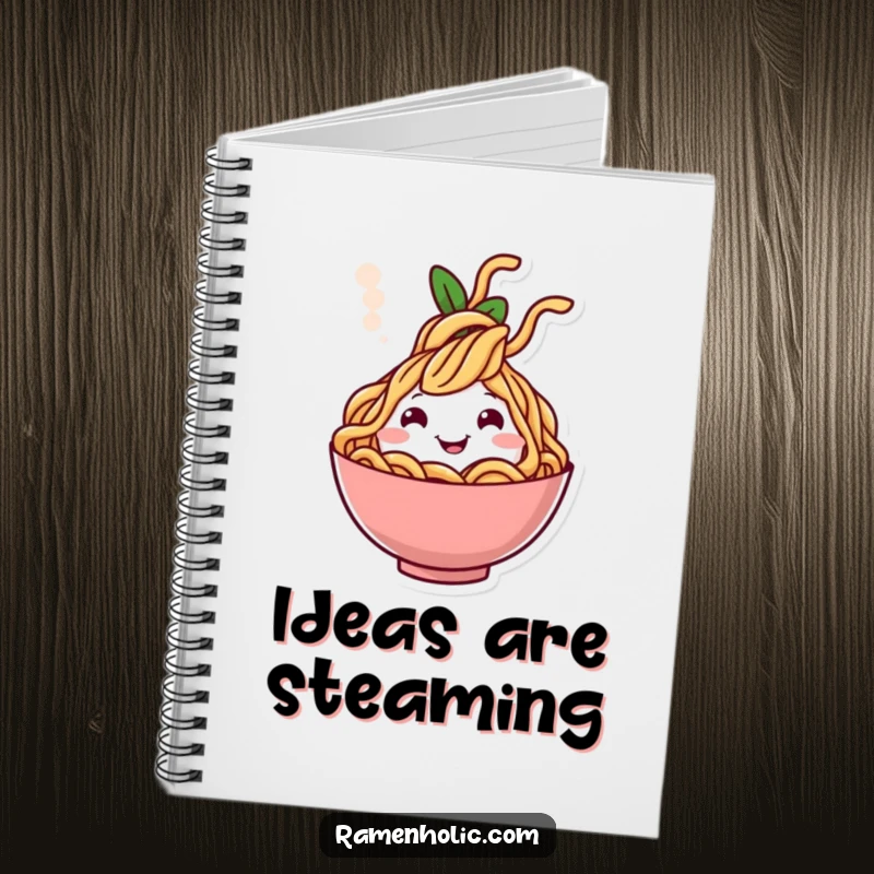 Funny notebook featuring a cheerful noodle character emerging from steam, ideal for notes and recipe ideas.