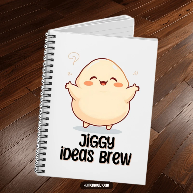 Funny notebook with a plump dumpling character doing a happy jig, steam rising, perfect for doodling or jotting notes with humor.
