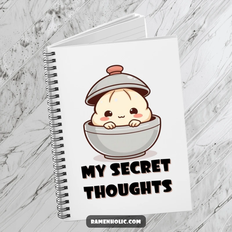 Funny dumpling notebook with a shy dumpling peeking from behind a steaming lid, great for notes.