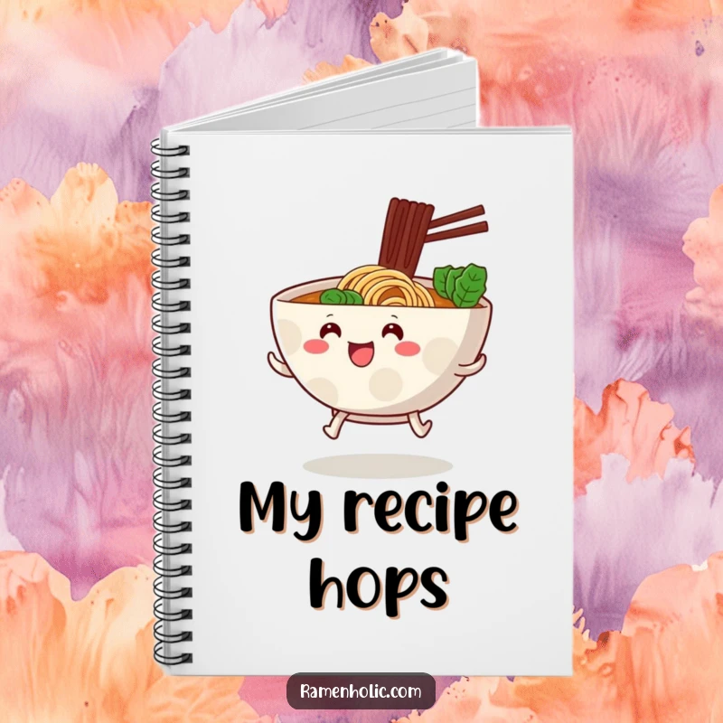 Funny ramen bowl with little stubby legs, hopping forward, on the cover of a cute foodie art notebook.