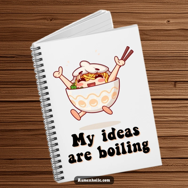 Funny Notebook featuring an anthropomorphic ramen bowl character jumping joyfully. Ideal funny gift.