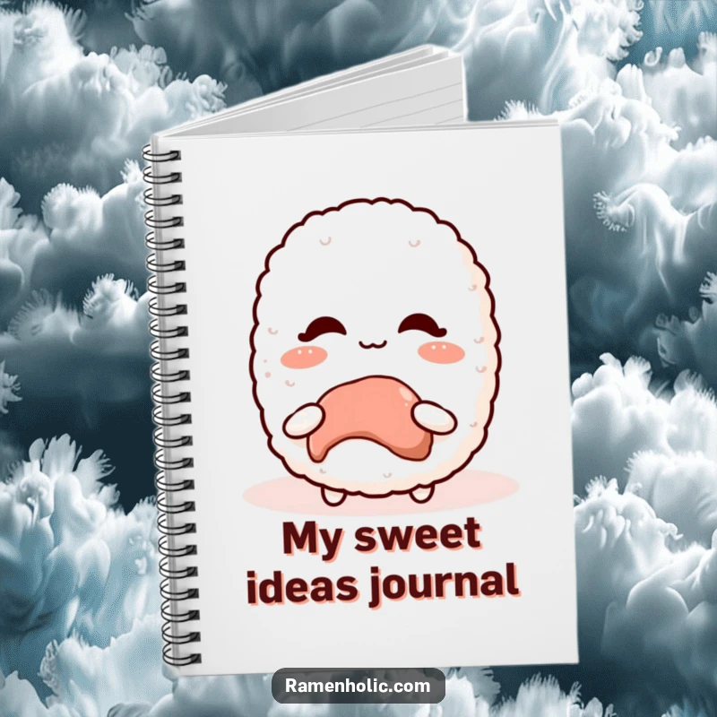 Funny Kawaii Rice Ball Notebook for writing, showing a character blushing over a sweet treat, ideal for note-taking.