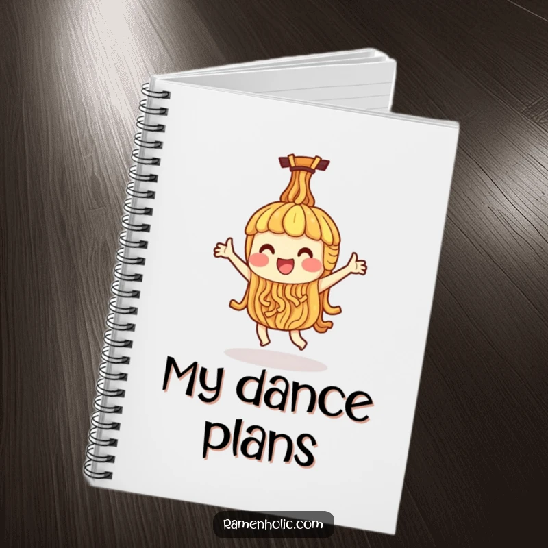 Funny notebook featuring a single ramen noodle character doing a happy dance, ideal for journaling, sketching, and creative ideas.