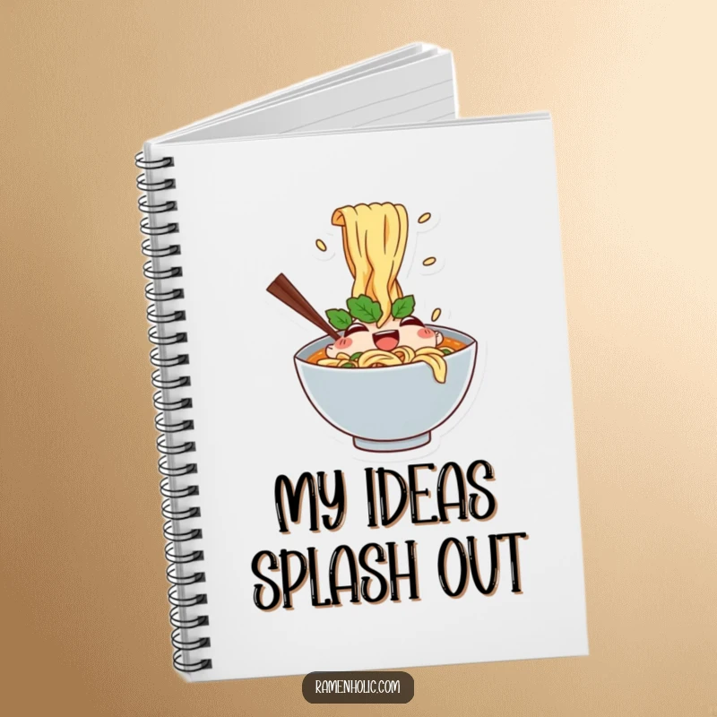 Funny notebook cover featuring a happy ramen bowl character with splashing noodles, inspiring culinary creativity and delicious ideas.