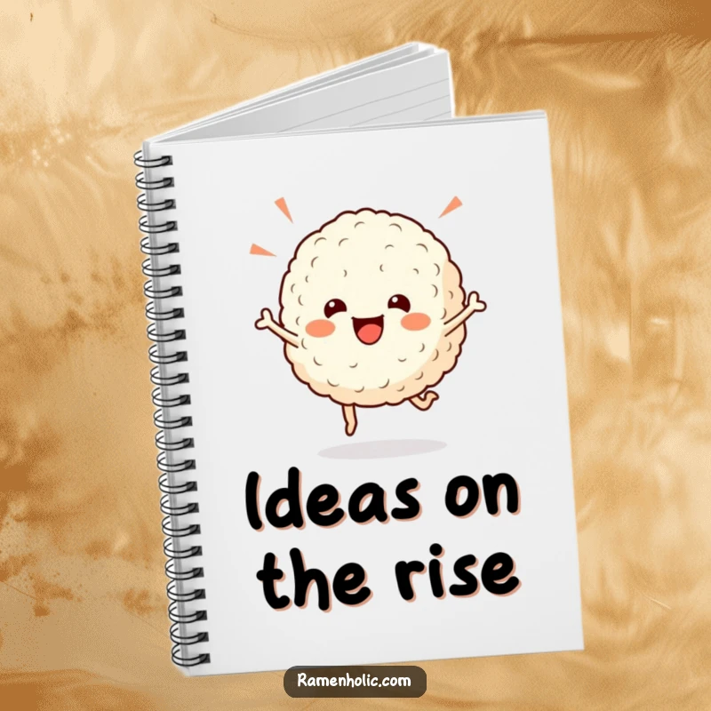 Funny rice ball notebook, a cheerful character doing a celebratory hop on the cover, perfect for jotting down happy thoughts.